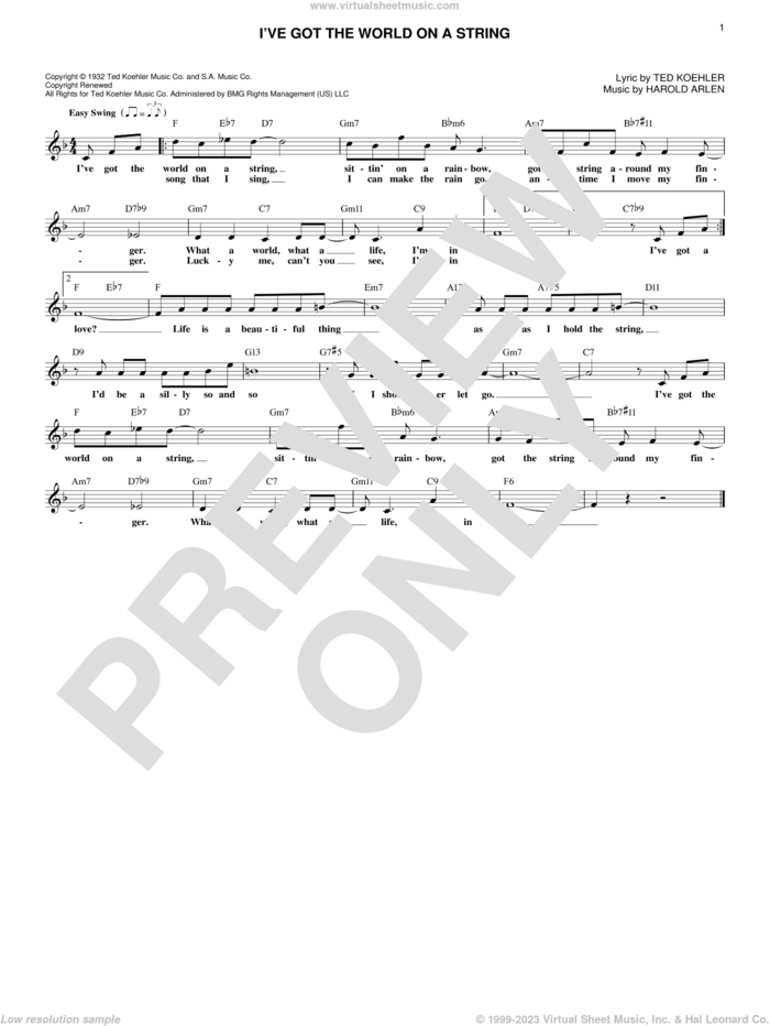 I've Got The World On A String sheet music for voice and other instruments (fake book) by Dick Hyman, Harold Arlen and Ted Koehler, wedding score, intermediate skill level