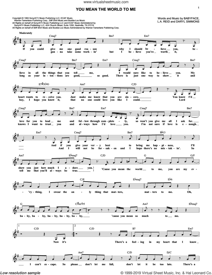 You Mean The World To Me sheet music for voice and other instruments (fake book) by Toni Braxton, Babyface, Daryl Simmons and L.A. Reid, intermediate skill level