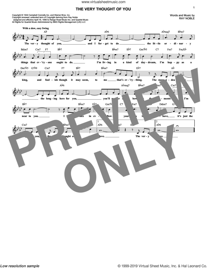 The Very Thought Of You sheet music for voice and other instruments (fake book) by Frank Sinatra, Nat King Cole, Ray Conniff, Ricky Nelson and Ray Noble, intermediate skill level