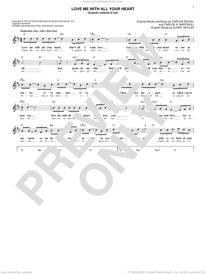 Love Me With All Your Heart (Cuando Calienta El Sol) sheet music for voice and other instruments (fake book) by Sunny Skylar, The Ray Charles Singers, Carlos A. Martinoli and Carlos Rigual, intermediate skill level