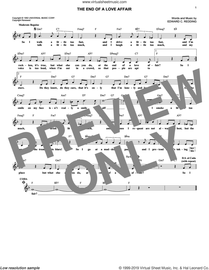 The End Of A Love Affair sheet music for voice and other instruments (fake book) by Frank Sinatra and Edward Redding, intermediate skill level