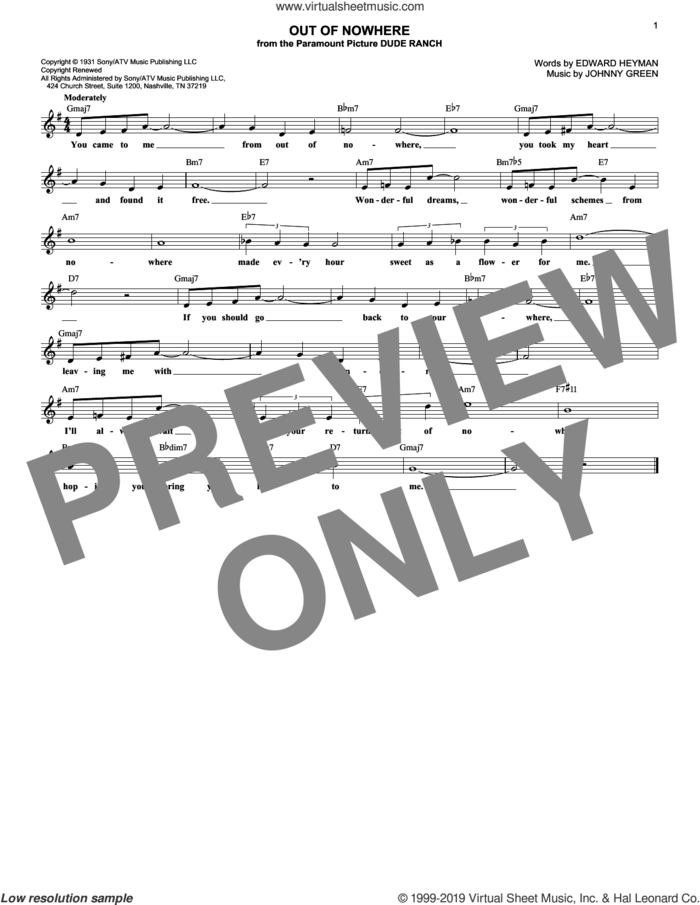 Out Of Nowhere sheet music for voice and other instruments (fake book) by Edward Heyman, Buddy DeFranco and Johnny Green, intermediate skill level