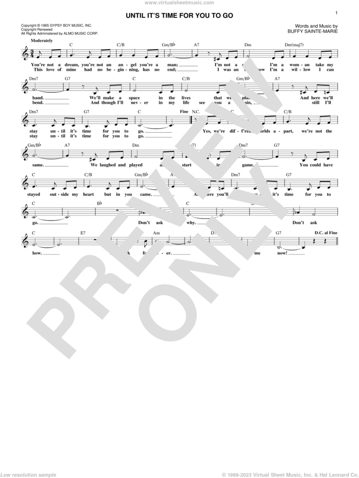 Until It's Time For You To Go sheet music for voice and other instruments (fake book) by Buffy Sainte-Marie, Elvis Presley, Neil Diamond and New Birth, intermediate skill level