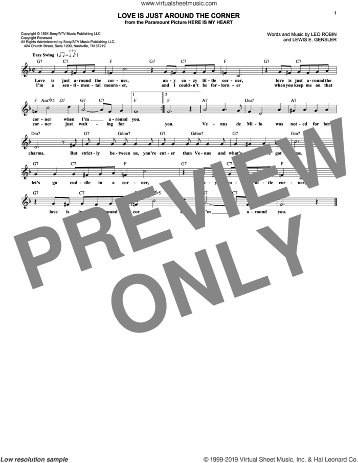 Love Is Just Around The Corner sheet music for voice and other instruments (fake book) by Coleman Hawkins, Leo Robin and Lewis E. Gensler, intermediate skill level