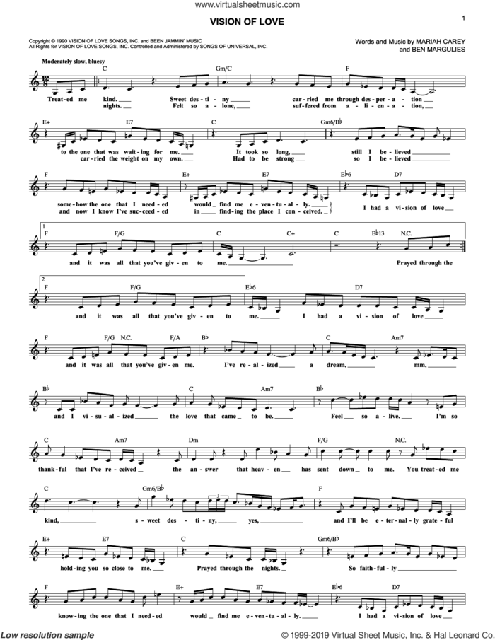 Vision Of Love sheet music for voice and other instruments (fake book) by Mariah Carey and Ben Margulies, intermediate skill level