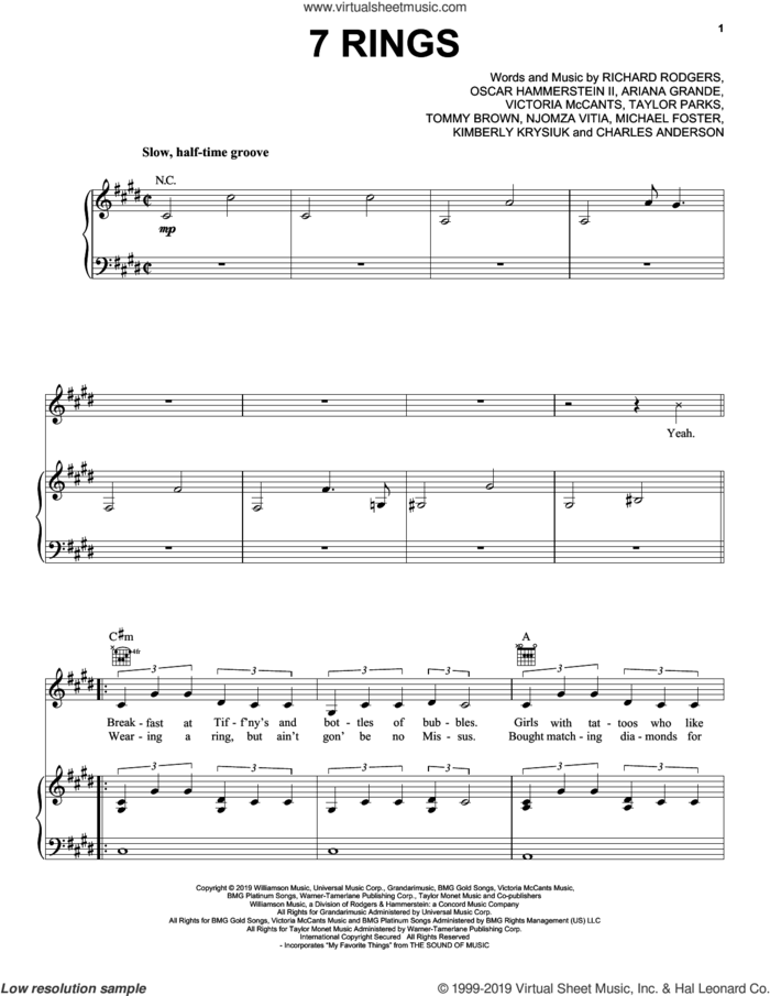 7 Rings sheet music for voice, piano or guitar by Ariana Grande, Charles Anderson, Kimberly Krysiuk, Michael Foster, Njomza Vitia, Oscar II Hammerstein, Richard Rodgers, Taylor Parks, Tommy Brown and Victoria McCants, intermediate skill level
