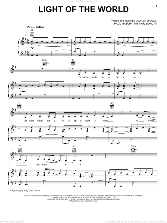 Light Of The World sheet music for voice, piano or guitar by Lauren Daigle, Paul Duncan and Paul Mabury, intermediate skill level
