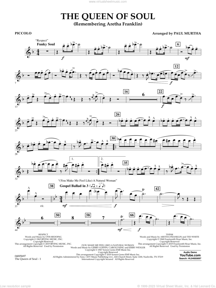 The Queen Of Soul (arr. Paul Murtha)- Conductor Score (Full Score) sheet music for concert band (piccolo) by Aretha Franklin and Paul Murtha, intermediate skill level