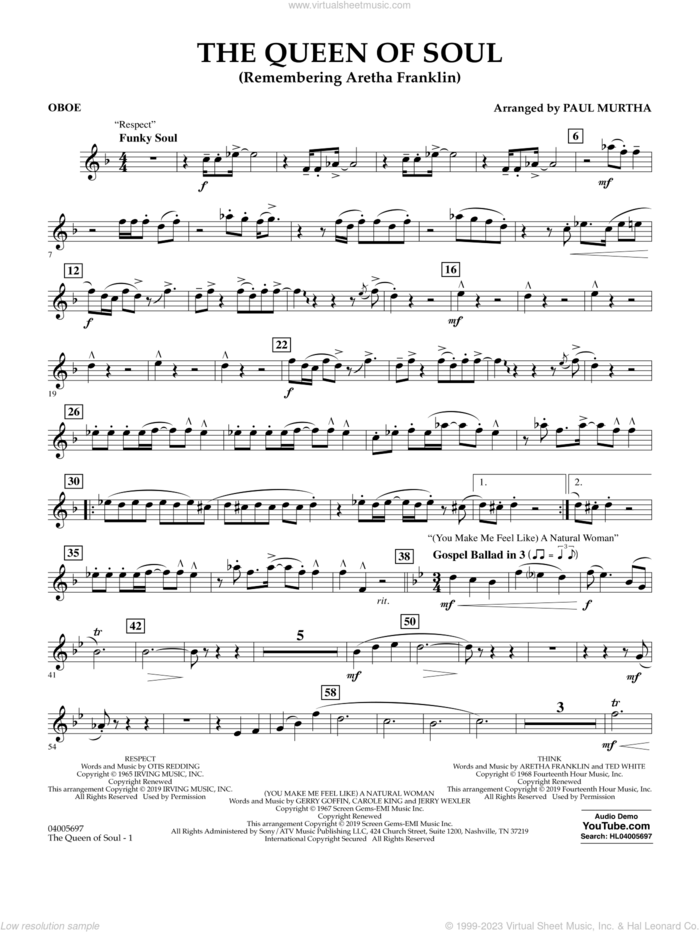 The Queen Of Soul (arr. Paul Murtha)- Conductor Score (Full Score) sheet music for concert band (oboe) by Aretha Franklin and Paul Murtha, intermediate skill level
