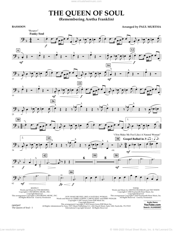 The Queen Of Soul (arr. Paul Murtha)- Conductor Score (Full Score) sheet music for concert band (bassoon) by Aretha Franklin and Paul Murtha, intermediate skill level