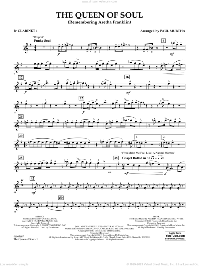 The Queen Of Soul (arr. Paul Murtha)- Conductor Score (Full Score) sheet music for concert band (Bb clarinet 1) by Aretha Franklin and Paul Murtha, intermediate skill level