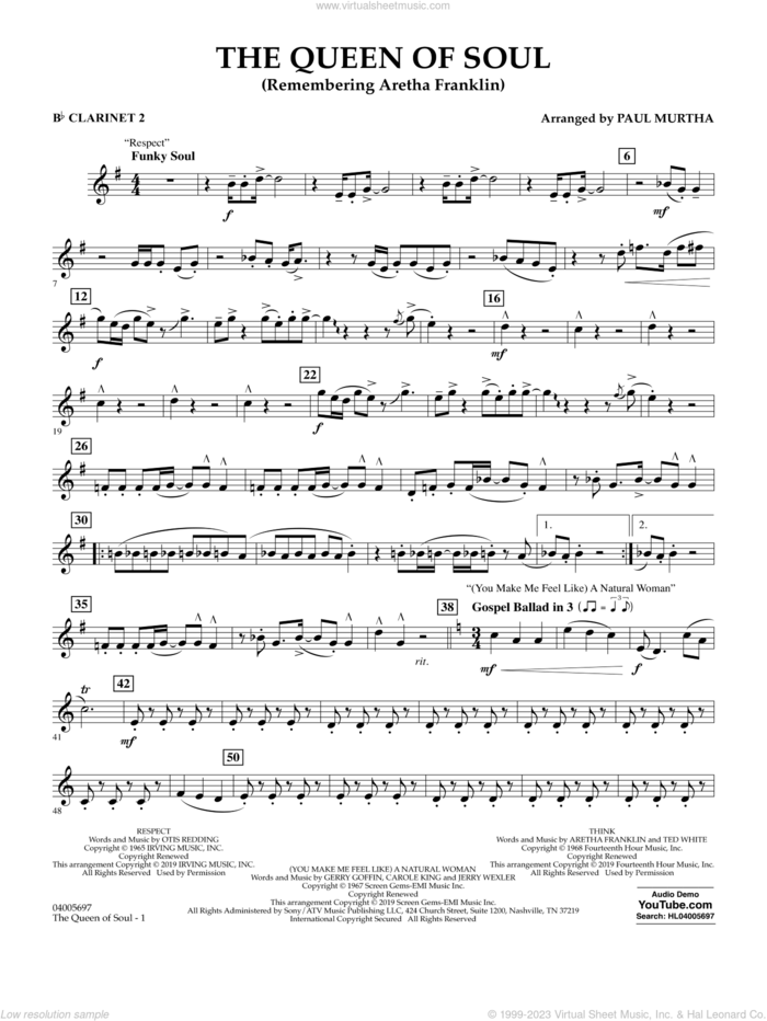 The Queen Of Soul (arr. Paul Murtha)- Conductor Score (Full Score) sheet music for concert band (Bb clarinet 2) by Aretha Franklin and Paul Murtha, intermediate skill level