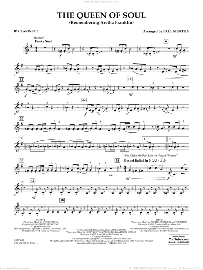 The Queen Of Soul (arr. Paul Murtha)- Conductor Score (Full Score) sheet music for concert band (Bb clarinet 3) by Aretha Franklin and Paul Murtha, intermediate skill level