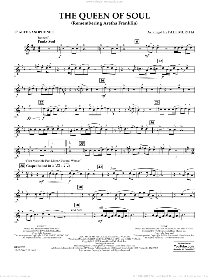 The Queen Of Soul (arr. Paul Murtha)- Conductor Score (Full Score) sheet music for concert band (Eb alto saxophone 1) by Aretha Franklin and Paul Murtha, intermediate skill level