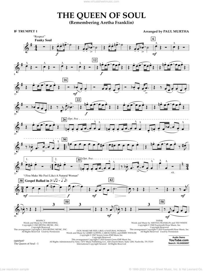 The Queen Of Soul (arr. Paul Murtha)- Conductor Score (Full Score) sheet music for concert band (Bb trumpet 1) by Aretha Franklin and Paul Murtha, intermediate skill level