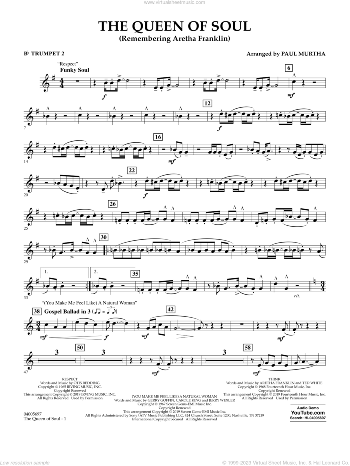 The Queen Of Soul (arr. Paul Murtha)- Conductor Score (Full Score) sheet music for concert band (Bb trumpet 2) by Aretha Franklin and Paul Murtha, intermediate skill level