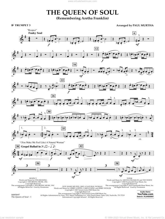 The Queen Of Soul (arr. Paul Murtha)- Conductor Score (Full Score) sheet music for concert band (Bb trumpet 3) by Aretha Franklin and Paul Murtha, intermediate skill level