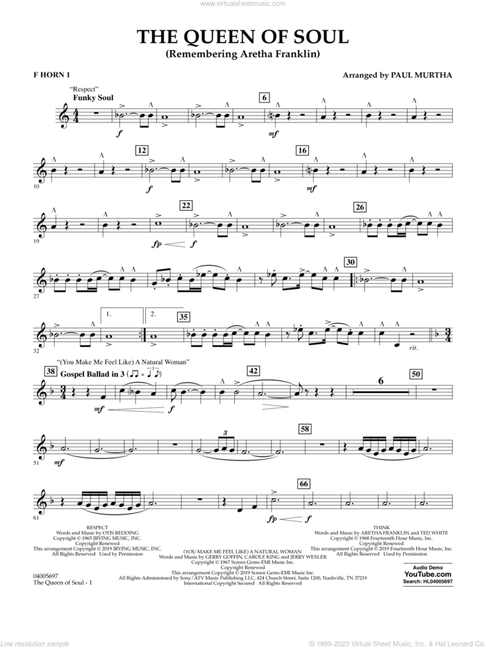 The Queen Of Soul (arr. Paul Murtha)- Conductor Score (Full Score) sheet music for concert band (f horn 1) by Aretha Franklin and Paul Murtha, intermediate skill level