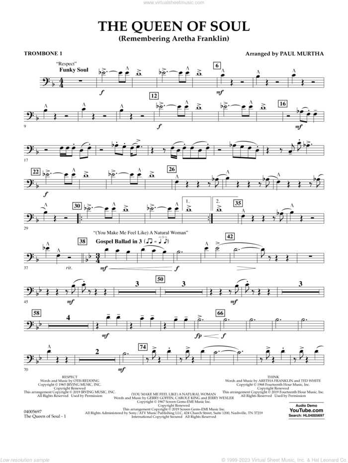 The Queen Of Soul (arr. Paul Murtha)- Conductor Score (Full Score) sheet music for concert band (trombone 1) by Aretha Franklin and Paul Murtha, intermediate skill level