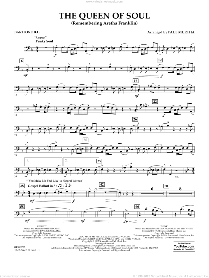 The Queen Of Soul (arr. Paul Murtha)- Conductor Score (Full Score) sheet music for concert band (baritone b.c.) by Aretha Franklin and Paul Murtha, intermediate skill level
