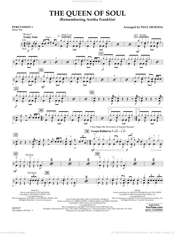 The Queen Of Soul (arr. Paul Murtha)- Conductor Score (Full Score) sheet music for concert band (percussion 1) by Aretha Franklin and Paul Murtha, intermediate skill level