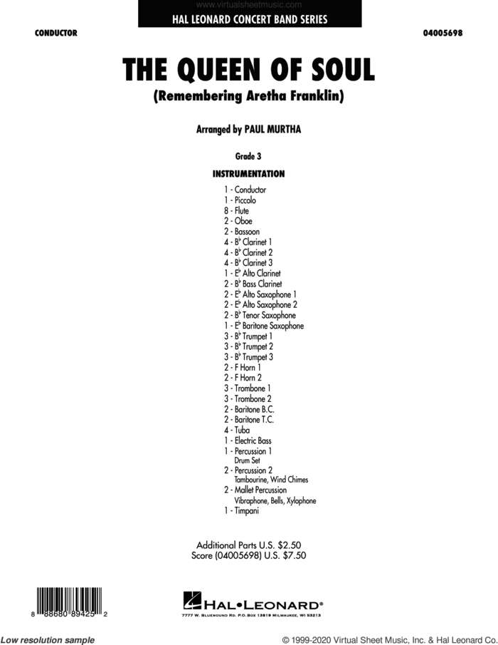 The Queen Of Soul (arr. Paul Murtha) (COMPLETE) sheet music for concert band by Paul Murtha and Aretha Franklin, intermediate skill level
