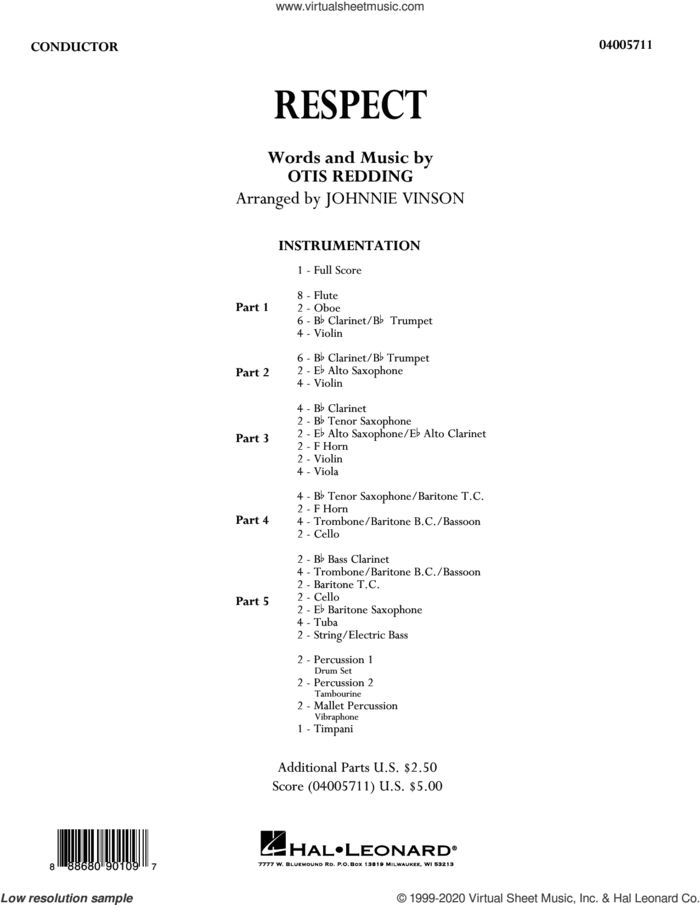 Respect (arr. Johnnie Vinson) (COMPLETE) sheet music for concert band by Johnnie Vinson, Aretha Franklin and Otis Redding, intermediate skill level