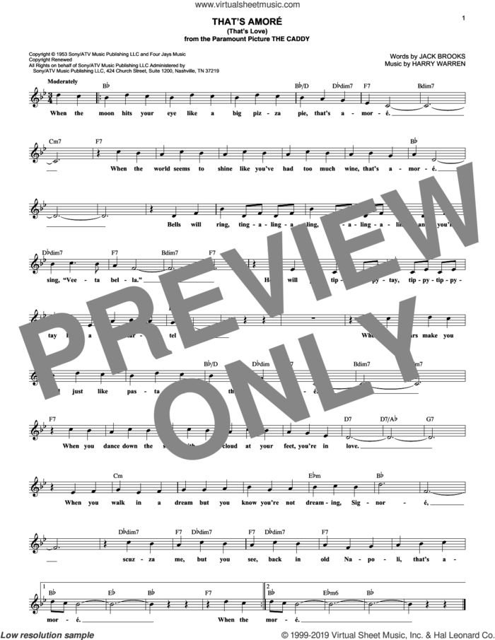 That's Amore (That's Love) sheet music for voice and other instruments (fake book) by Harry Warren, Dean Martin and Jack Brooks, wedding score, intermediate skill level