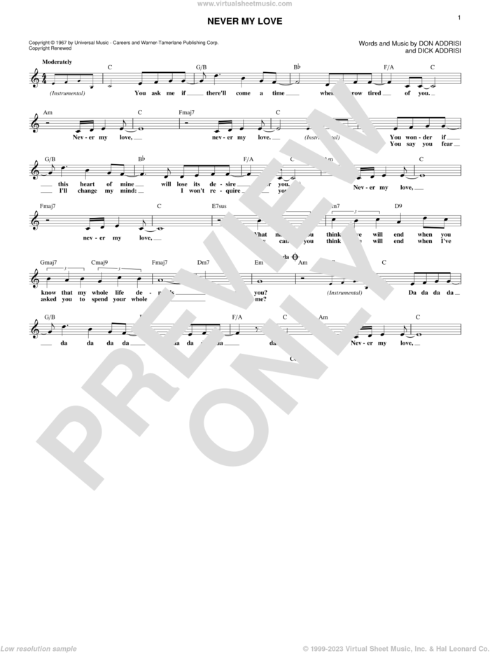 Never My Love sheet music for voice and other instruments (fake book) by Dick Addrisi, Blue Swede, The Association, The Fifth Dimension and Don Addrisi, wedding score, intermediate skill level