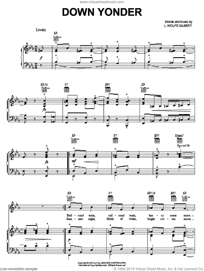 Down Yonder sheet music for voice, piano or guitar by L. Wolfe Gilbert, intermediate skill level