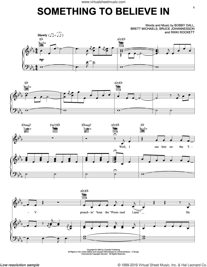Something To Believe In sheet music for voice, piano or guitar by Poison, Bobby Dall, Brett Michaels, Bruce Johannesson and Rikki Rockett, intermediate skill level