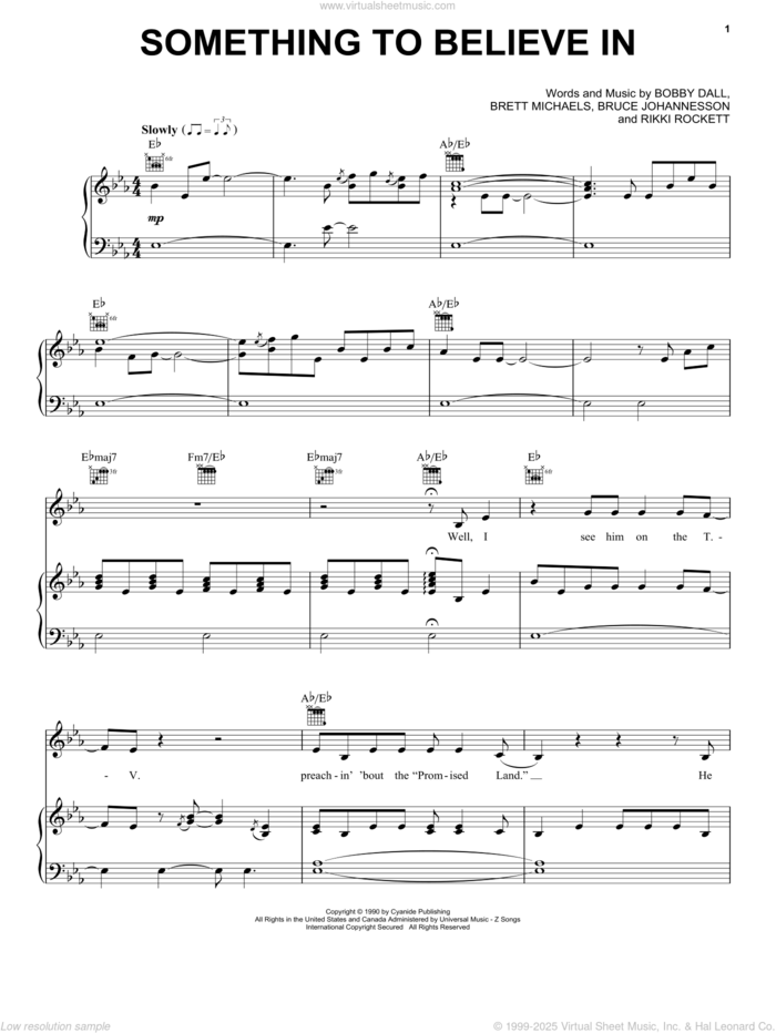 Something To Believe In sheet music for voice, piano or guitar by Poison, Bobby Dall, Brett Michaels, Bruce Johannesson and Rikki Rockett, intermediate skill level