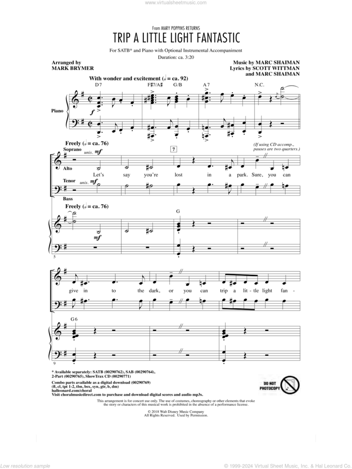 Trip A Little Light Fantastic (from Mary Poppins Returns) (arr. Mark Brymer) sheet music for choir (SATB: soprano, alto, tenor, bass) by Lin-Manuel Miranda, Mark Brymer, Marc Shaiman and Scott Wittman, intermediate skill level