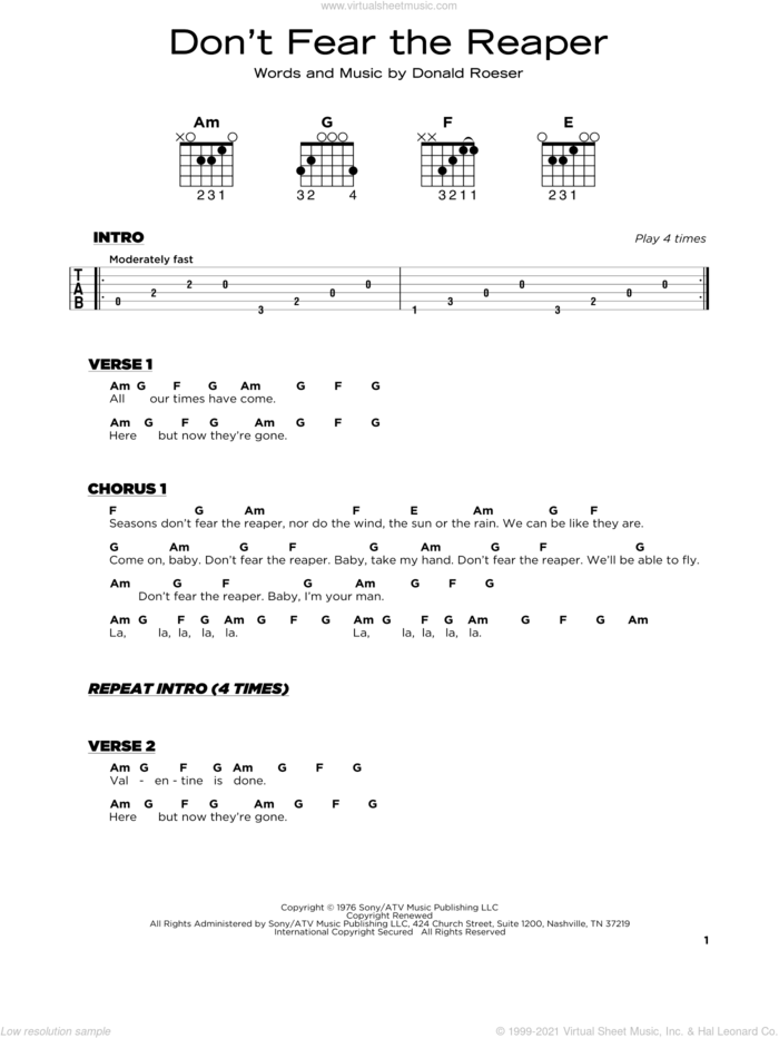 Don't Fear The Reaper sheet music for guitar solo by Blue Oyster Cult and Donald Roeser, beginner skill level