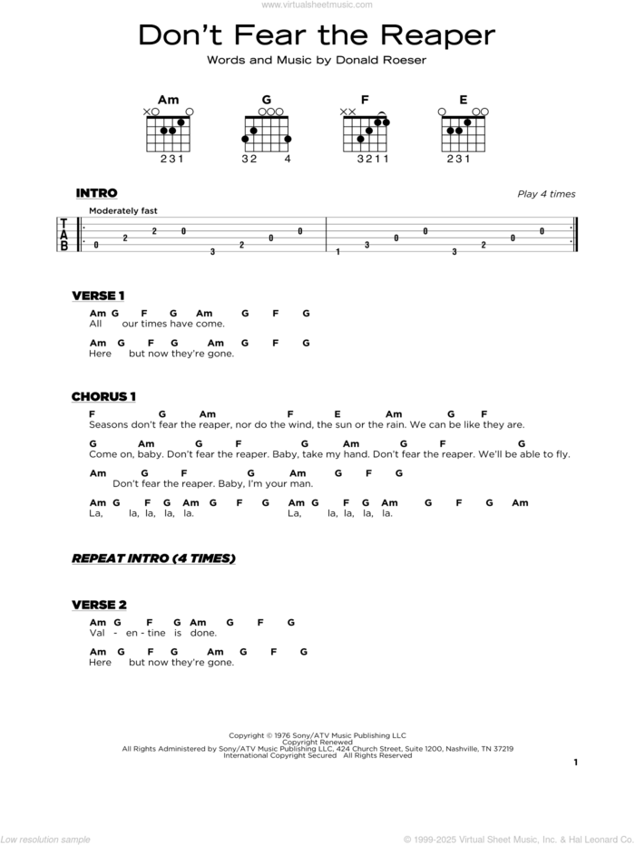 Don't Fear The Reaper sheet music for guitar solo by Blue Oyster Cult and Donald Roeser, beginner skill level