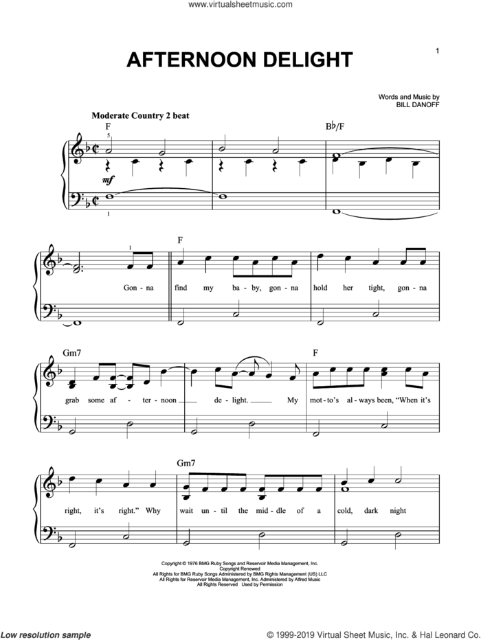 Afternoon Delight sheet music for piano solo by Starland Vocal Band and Bill Danoff, easy skill level