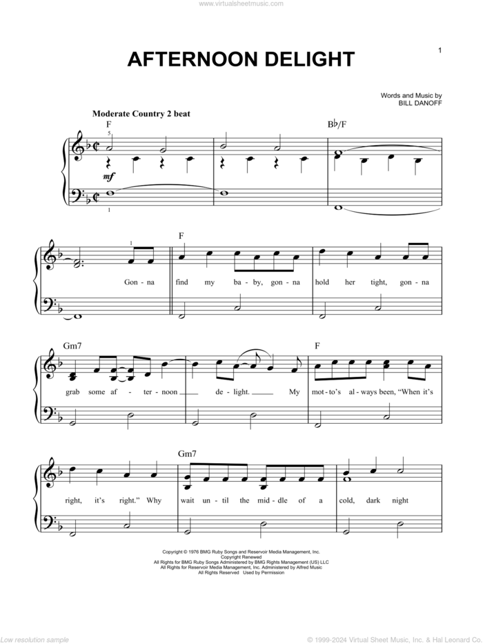 Afternoon Delight sheet music for piano solo by Starland Vocal Band and Bill Danoff, easy skill level