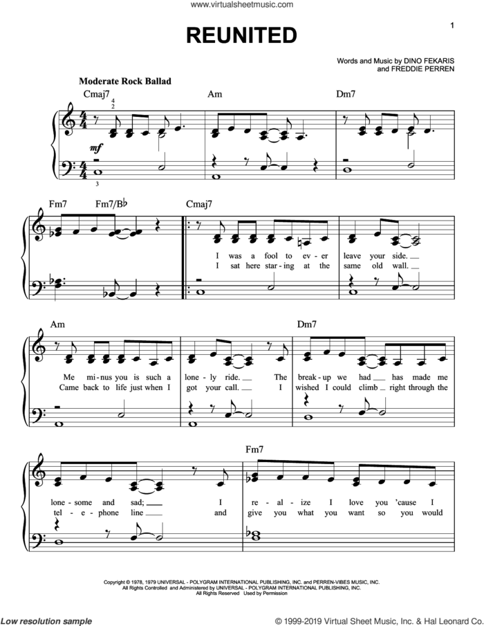Reunited sheet music for piano solo by Peaches & Herb, Dino Fekaris and Frederick Perren, easy skill level
