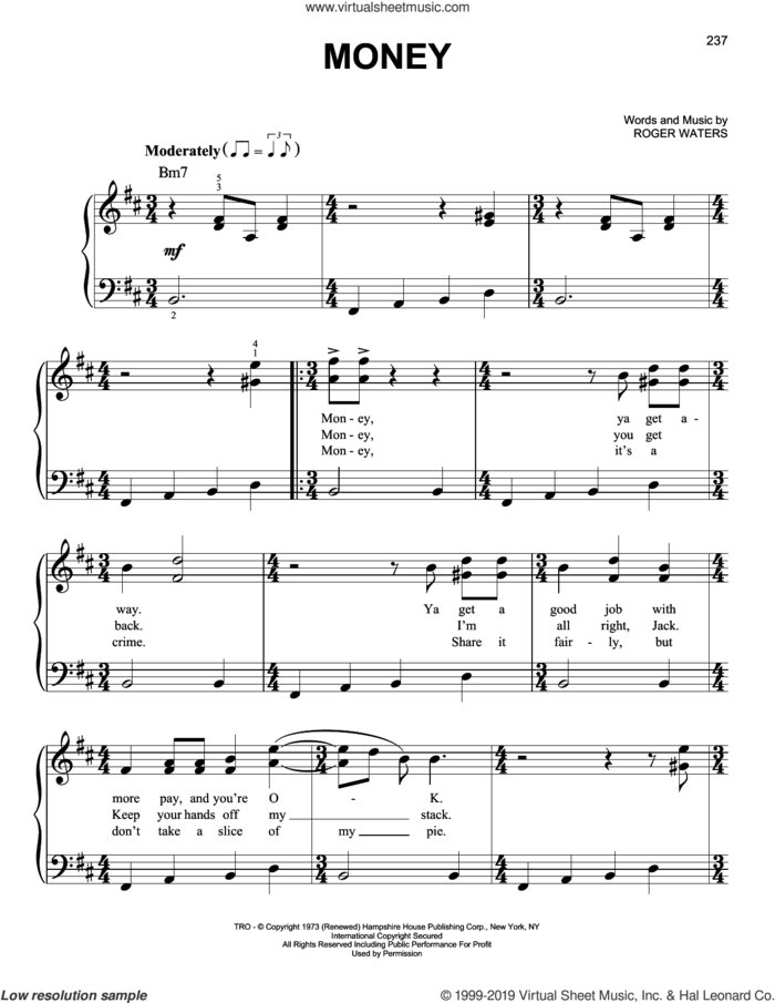Money sheet music for piano solo by Pink Floyd and Roger Waters, easy skill level
