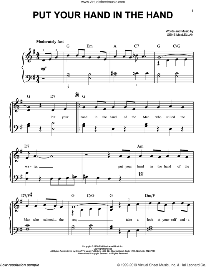 Put Your Hand In The Hand sheet music for piano solo by Gene MacLellan and MacLellan and Ocean, easy skill level