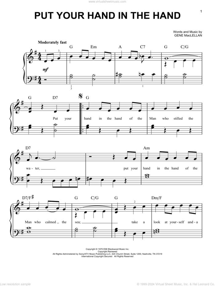 Put Your Hand In The Hand sheet music for piano solo by Gene MacLellan and MacLellan and Ocean, easy skill level