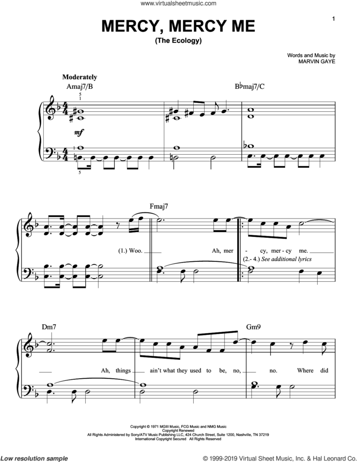 Mercy, Mercy Me (The Ecology) sheet music for piano solo by Marvin Gaye, easy skill level