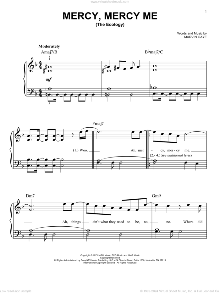 Mercy, Mercy Me (The Ecology) sheet music for piano solo by Marvin Gaye, easy skill level