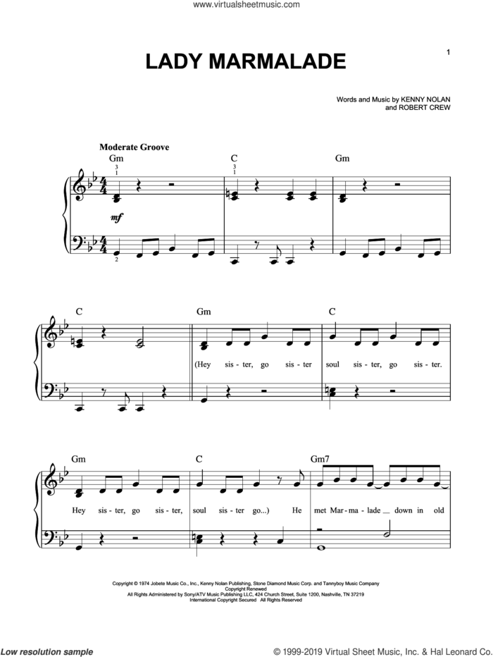 Lady Marmalade sheet music for piano solo by Patti LaBelle, Kenny Nolan and Robert Crew, easy skill level