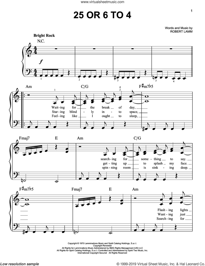 25 Or 6 To 4 sheet music for piano solo by Chicago and Robert Lamm, easy skill level
