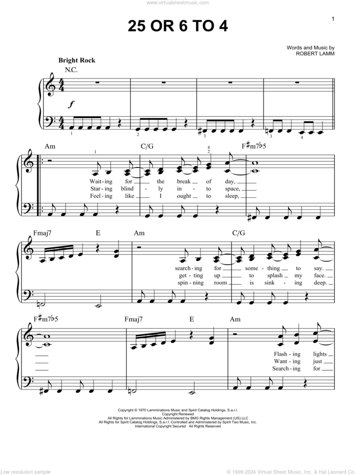 25 Or 6 To 4 sheet music for piano solo by Chicago and Robert Lamm, easy skill level