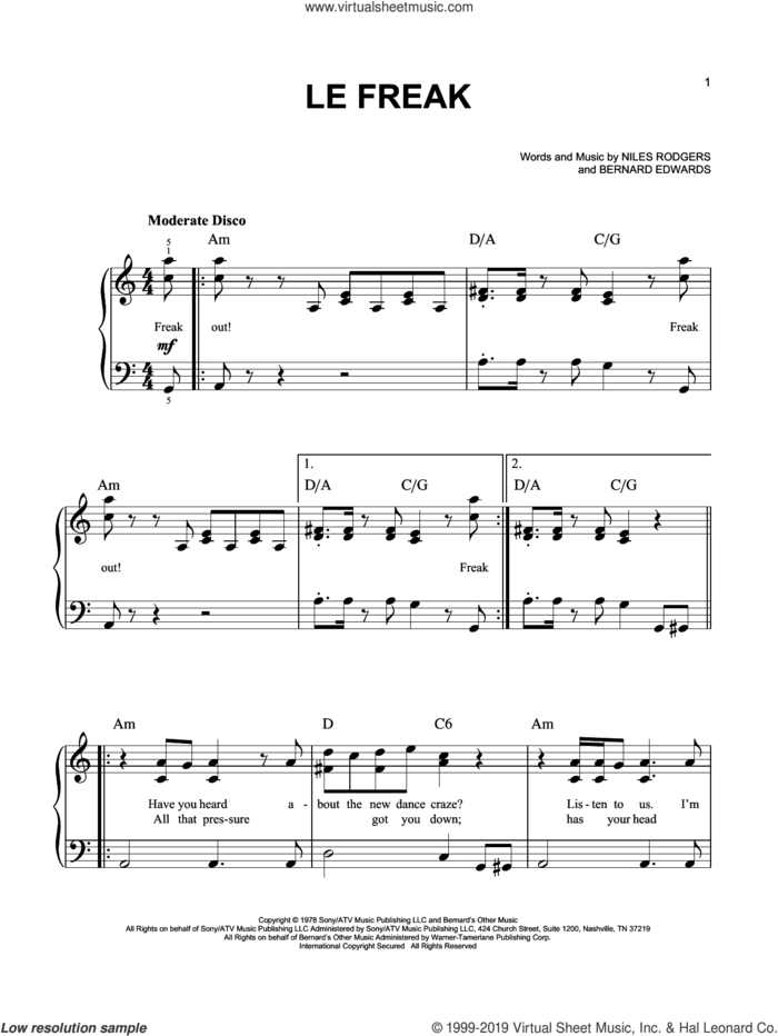 Le Freak sheet music for piano solo by Chic, Bernard Edwards and Nile Rodgers, easy skill level
