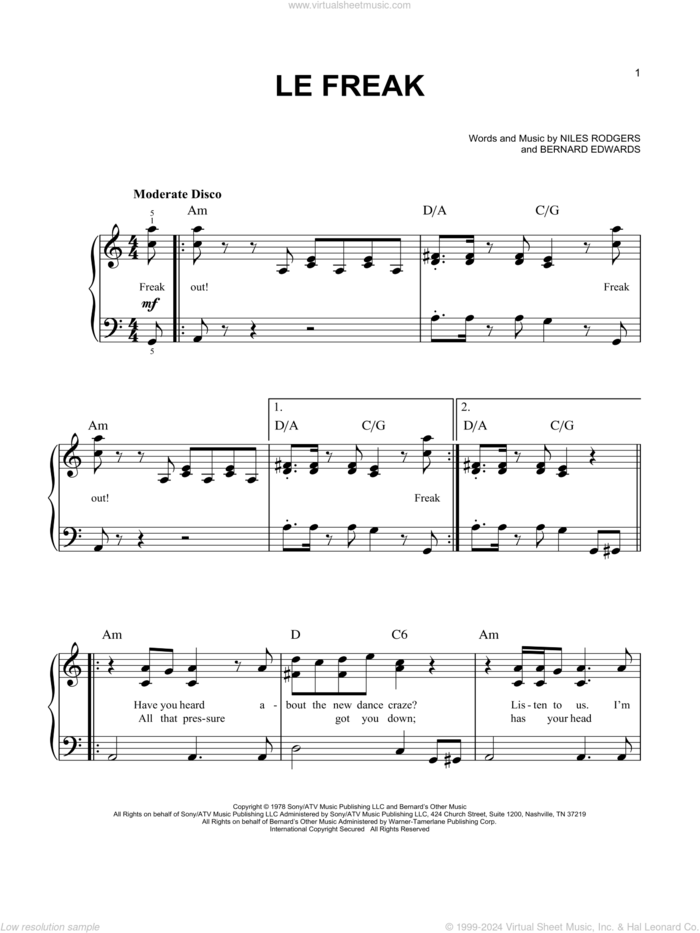 Le Freak sheet music for piano solo by Chic, Bernard Edwards and Nile Rodgers, easy skill level