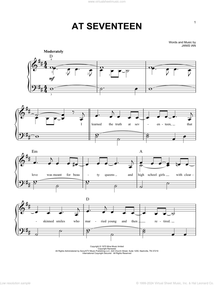 At Seventeen sheet music for piano solo by Janis Ian, easy skill level