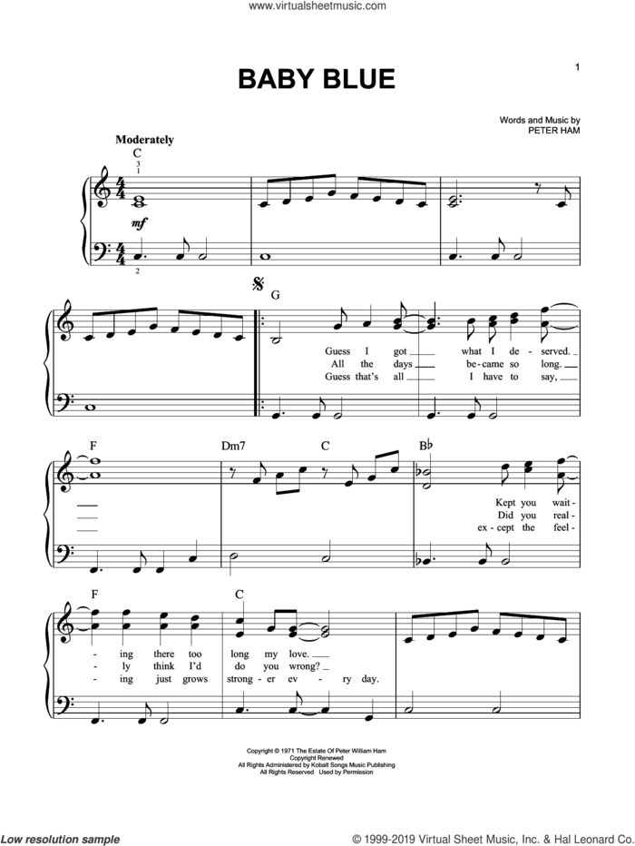 Baby Blue sheet music for piano solo by Badfinger and Pete Ham, easy skill level